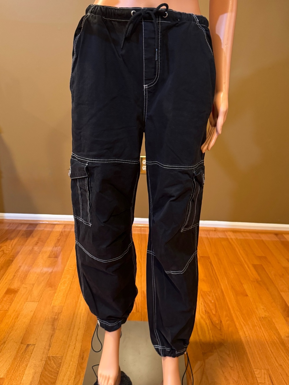 Garage Black Cargo Pants with White Contrast Stitching